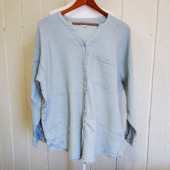 DIP Women's Soft Textured Fabric Lt. Blue Button Down Long Sleeve Oversized Top - Picture 1 of 9